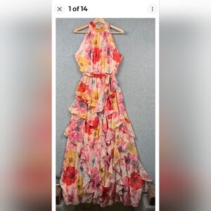 NWT Alex Marie  Floral Ruffle Neck Halted Tiered Pink Maxi Dress Size 6